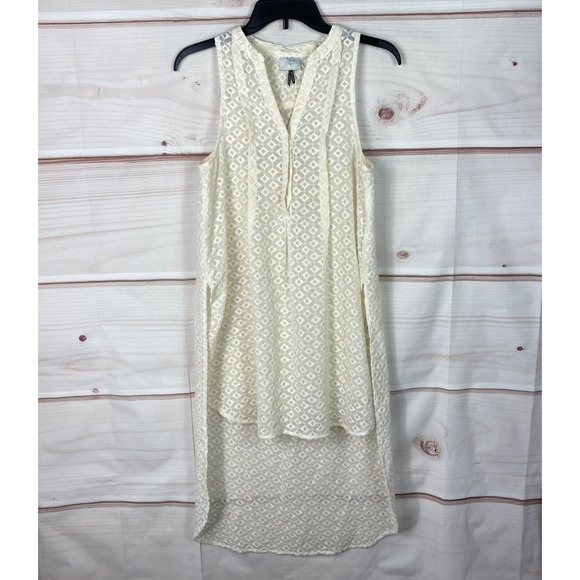 HD in Paris Tops - HD In Paris Top Women XS Ivory Embroidered Hi Low Tunic Pleated Sleeveless Sheer